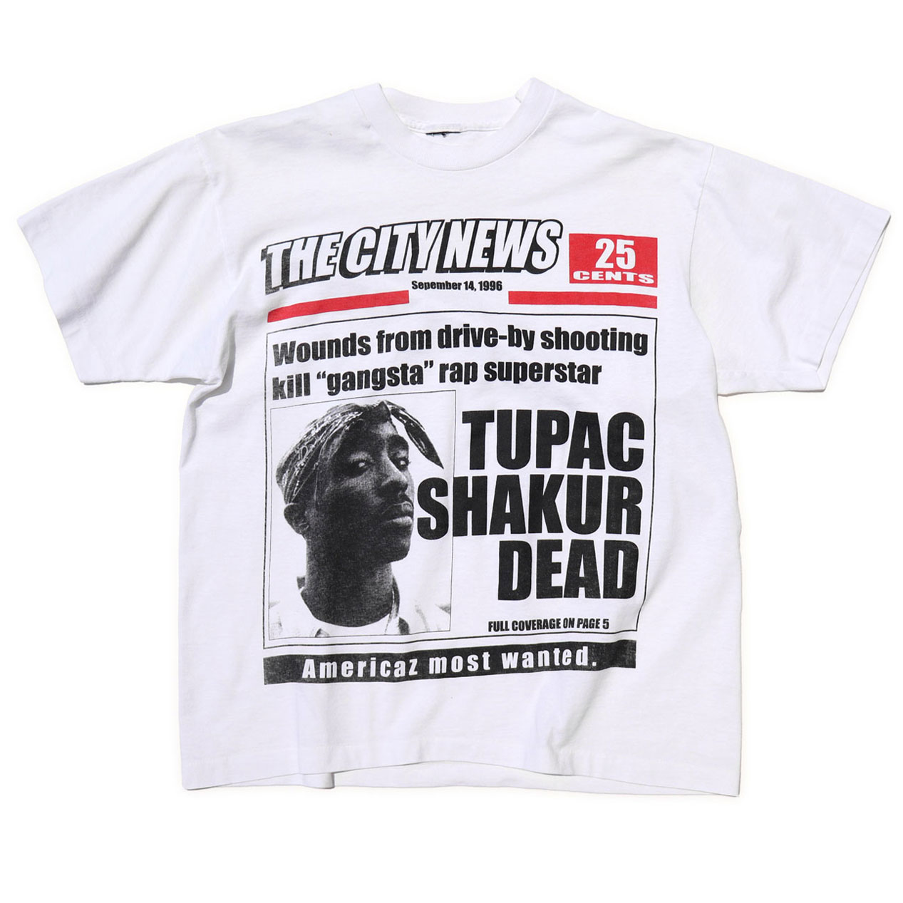 POST JUNK / 90's TUPAC ニュースペーパー柄 プリントTシャツ [About M]